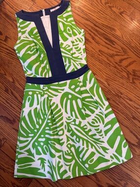 CK Bradley Green Leaf-Print Fit & Flare Dress with Navy Trim